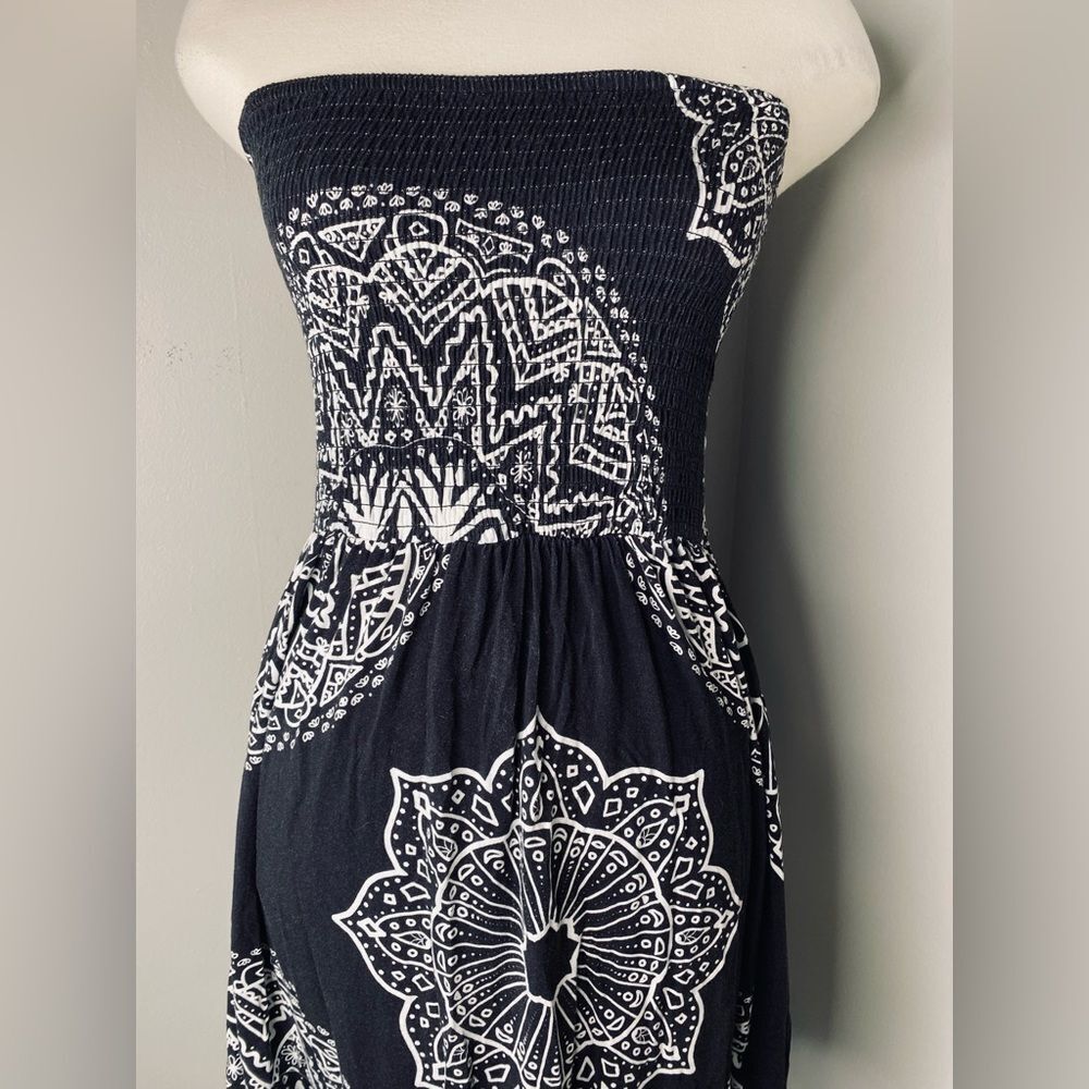 Strapless Black & White Printed Bohemian Beach Dress - Picture 1 of 13